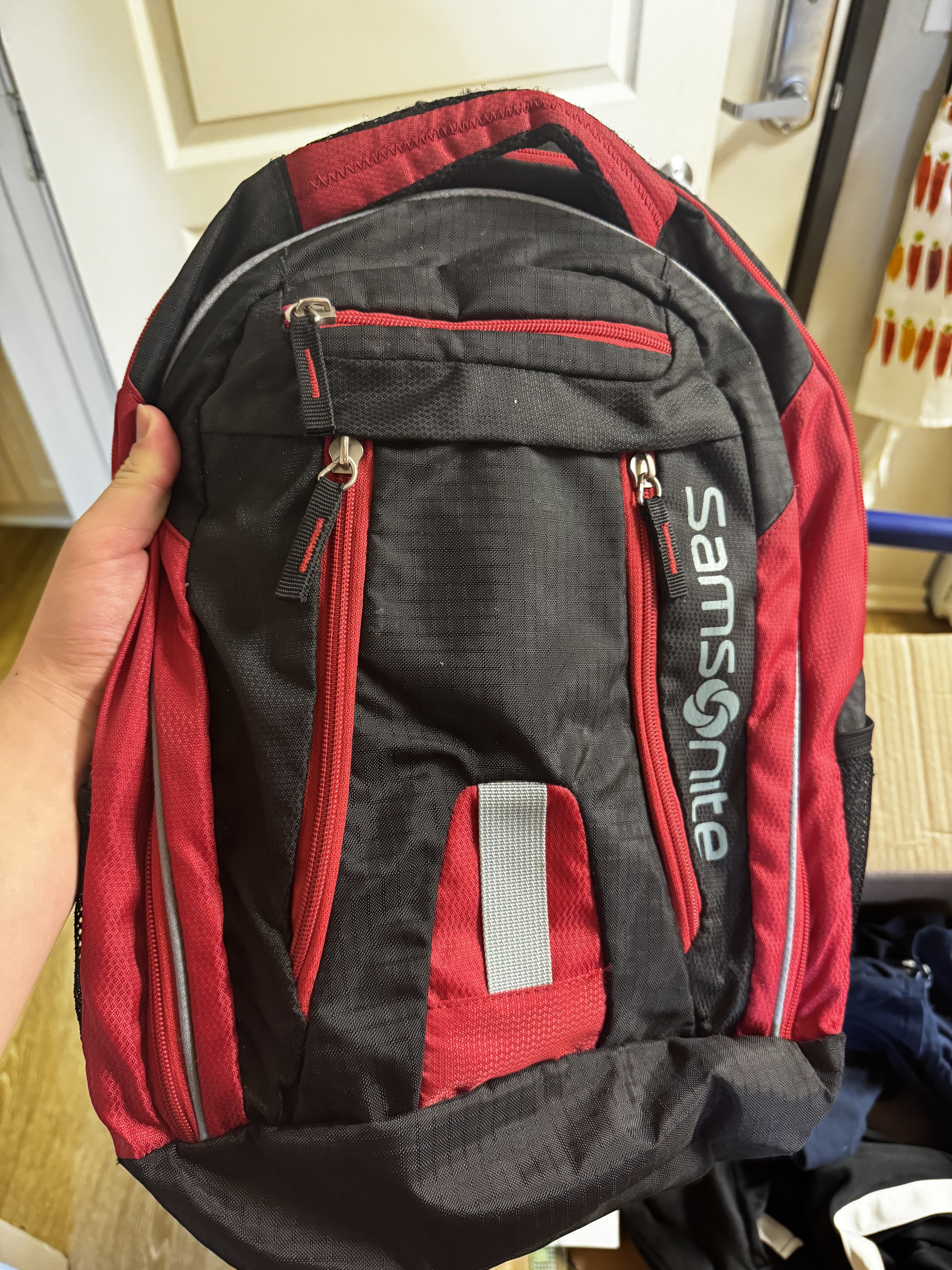 Red and black colored backpack